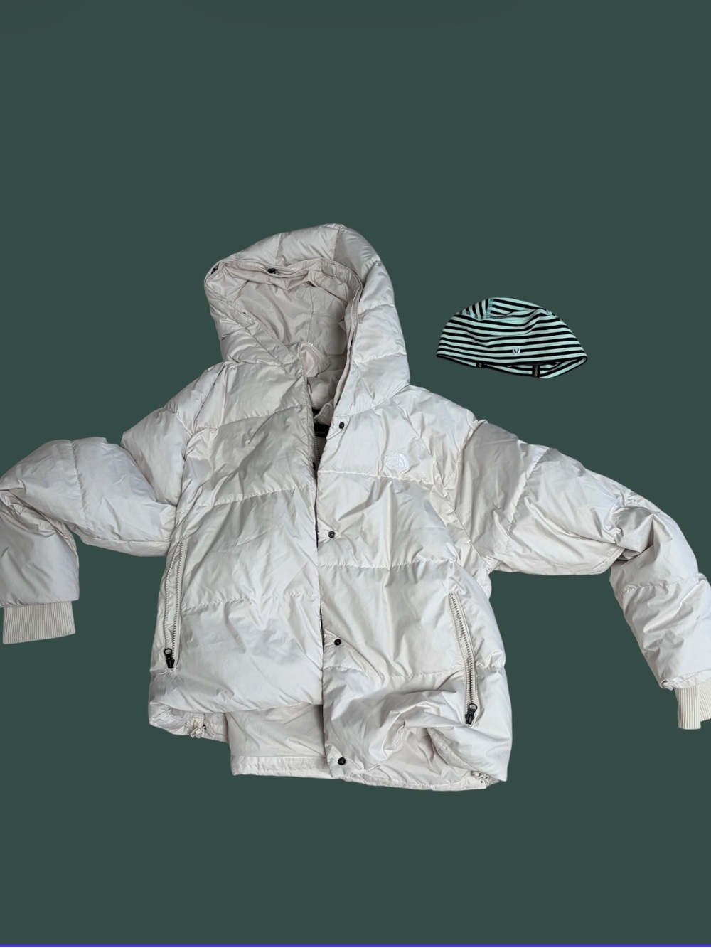 The North Face Women's White Hooded Puffer Coat With Striped Beanie